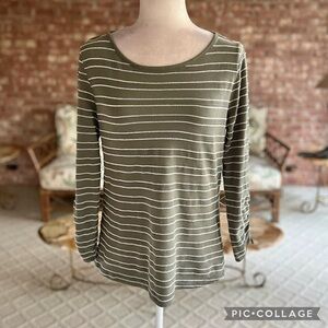 Talbots Top Sage Green Striped Ruched Sleeve Knit S Casual